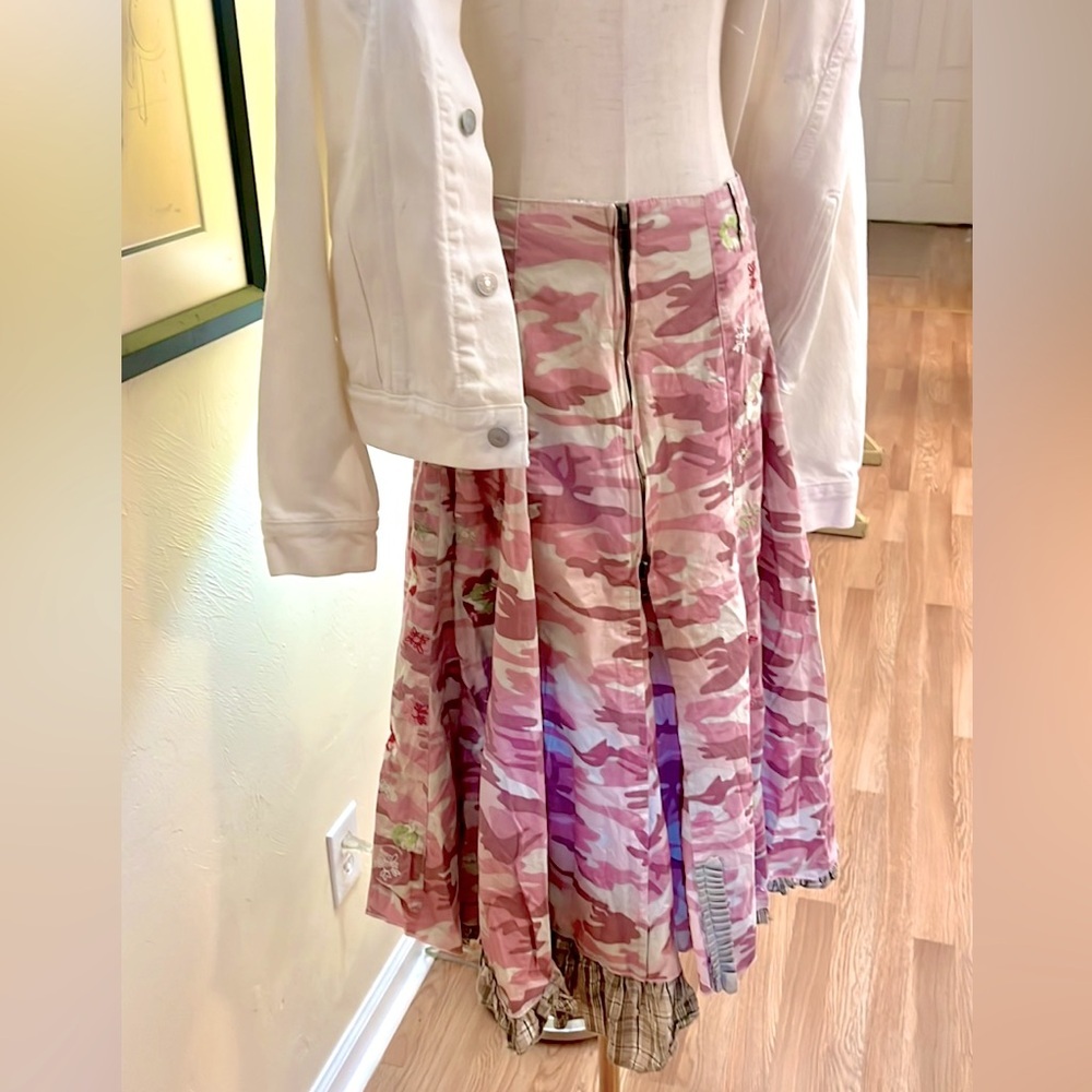 Y2K Pink Camo Patchwork Skirt Boho Reworked Indie Festival Statement Size Small - Picture 6 of 8